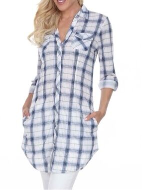 White Mark Piper Stretchy 
Blue and White Plaid Button-Up Plaid Shirt Dress, XL